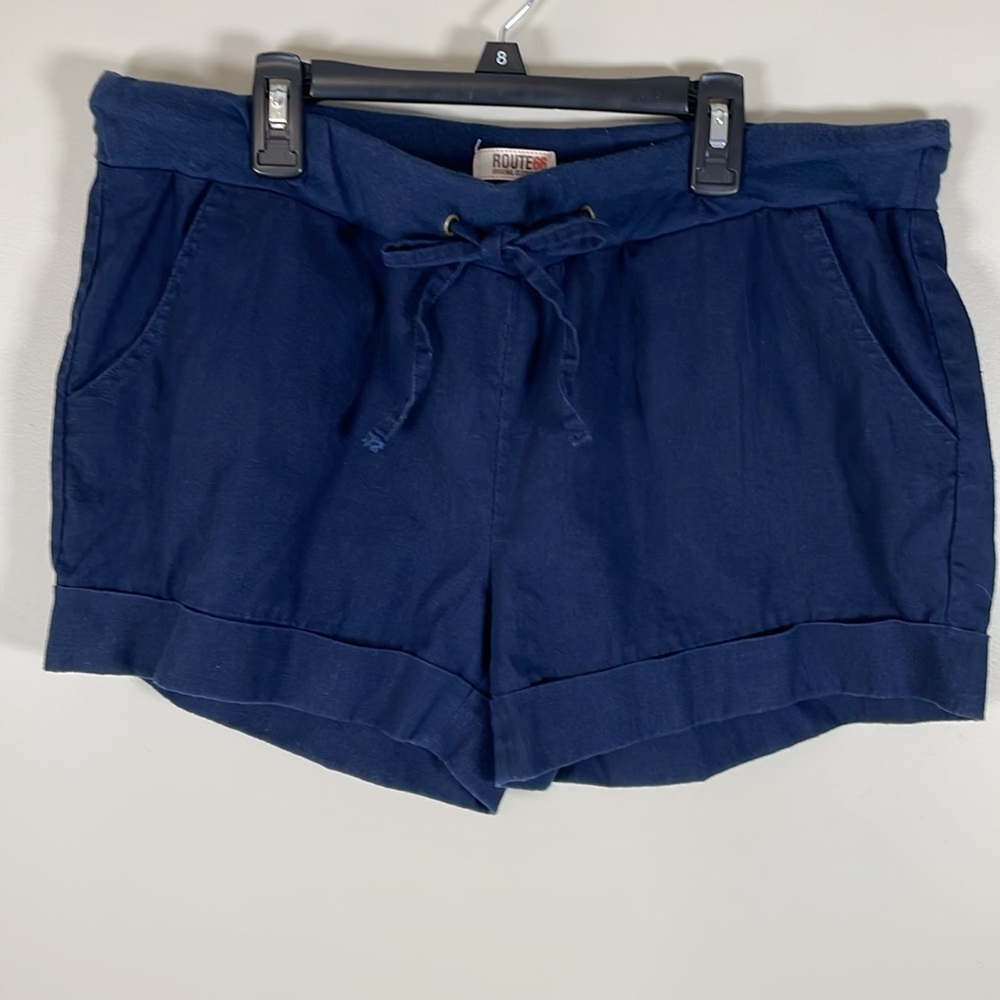 ROUTE 66 Junior 13/14 Navy Blue Linen Blend Drawstring Mini Shorts Y2K Preppy